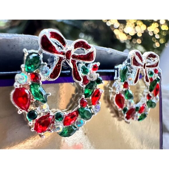 Christmas Wreath Earrings New Red Green Clear Crystals Posts Festive Bow… - Picture 11 of 12